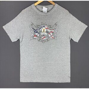 Vintage Y2K USA Eagle America Flag Grey Shirt Medium Tribal Signal Grey Faded T